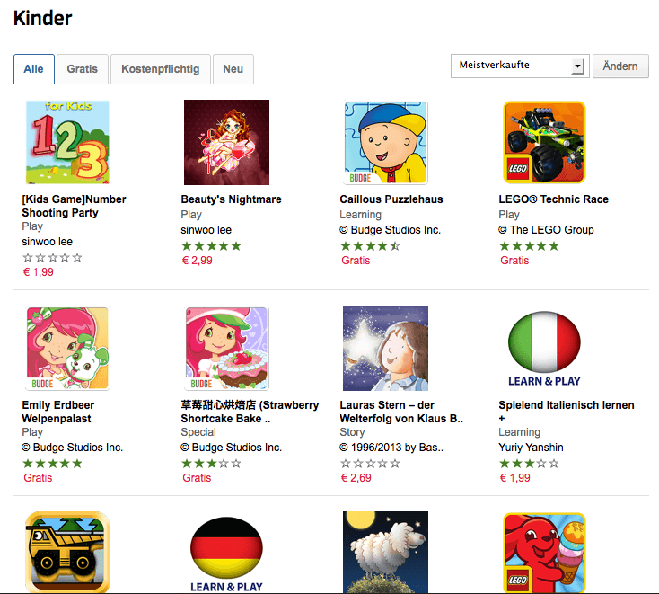 Google Play Store – Kategorie Kinder
